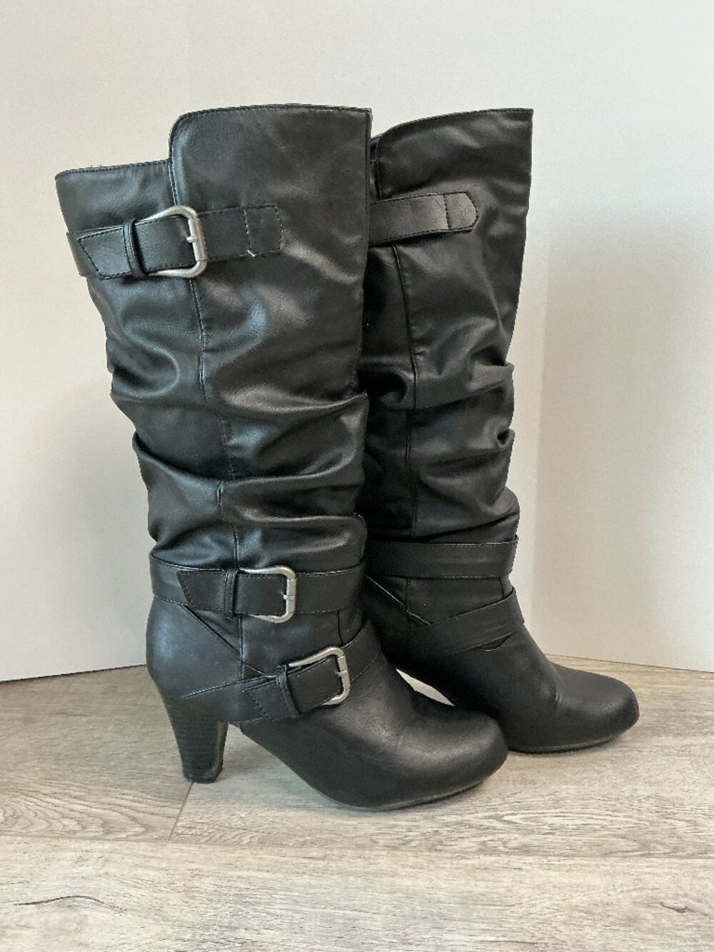Madden Girl Black Below the Knee Slouch Boots Double Buckle Heel Women's 7